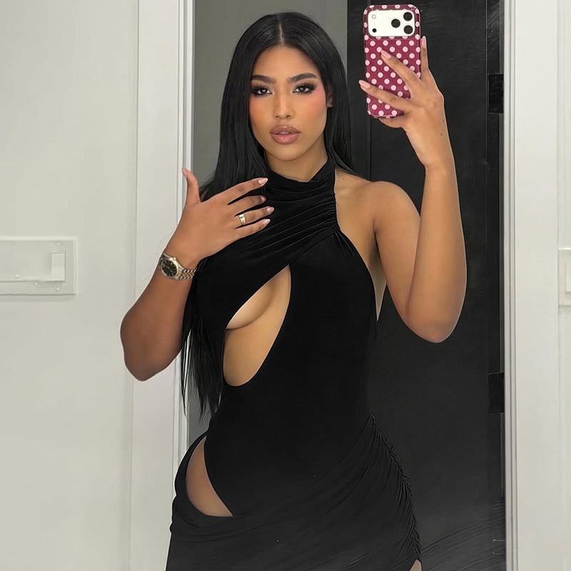 Sexy Two Piece Cross Hollow Out Cutout Bodycon Dress Black