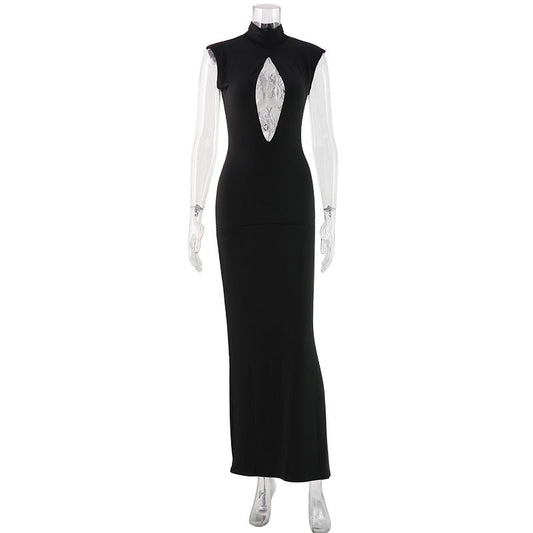 Sexy Black Mock Neck S/S Long Fitted Dress with Open Back Lace Detail Keyhole Detail Black