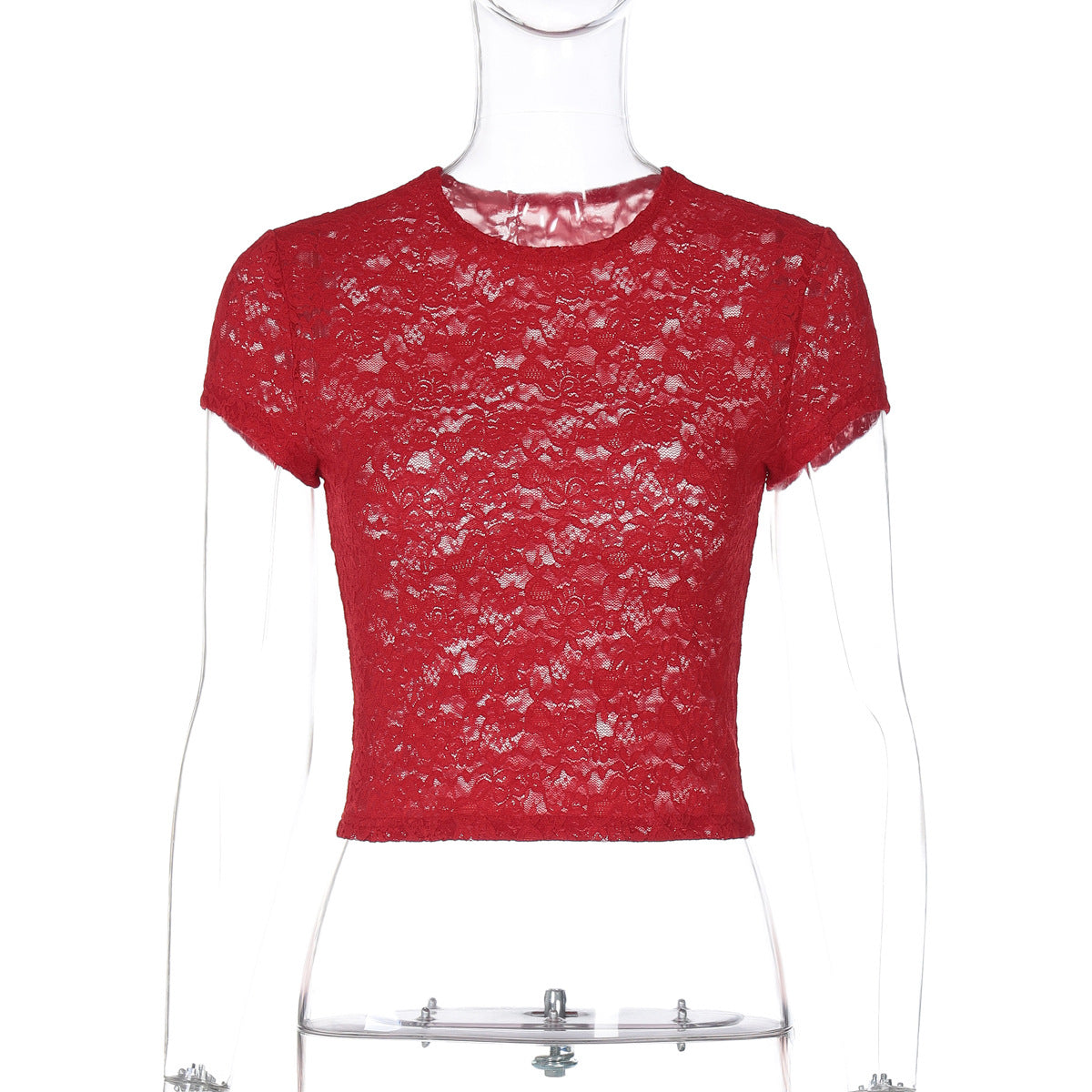 Sexy Lace See through Slim Fit Crew Neck T shirt Top Red