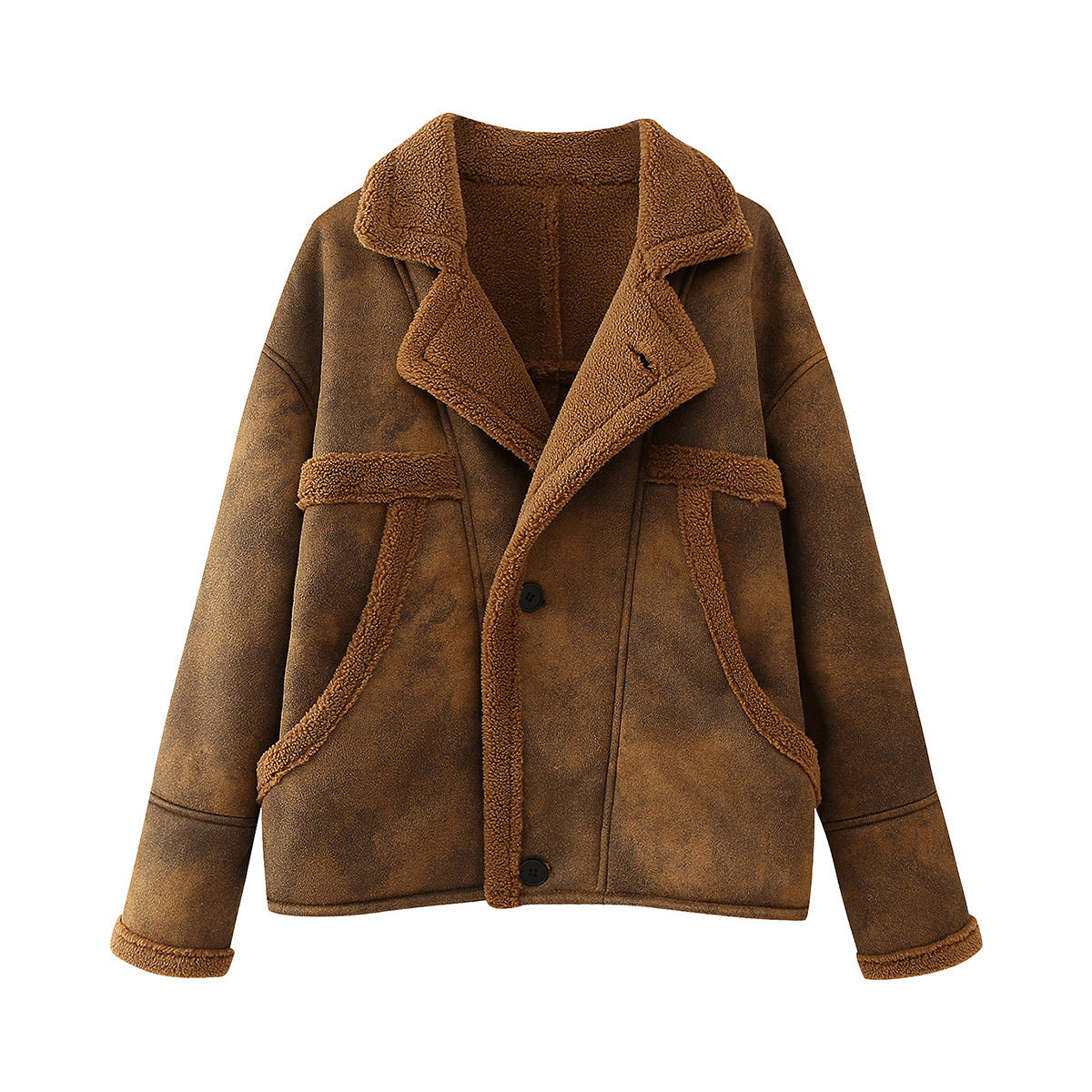 Faux Shearling Jacket Faux Lamb Wool Women Coat Motorcycle Dark Brown