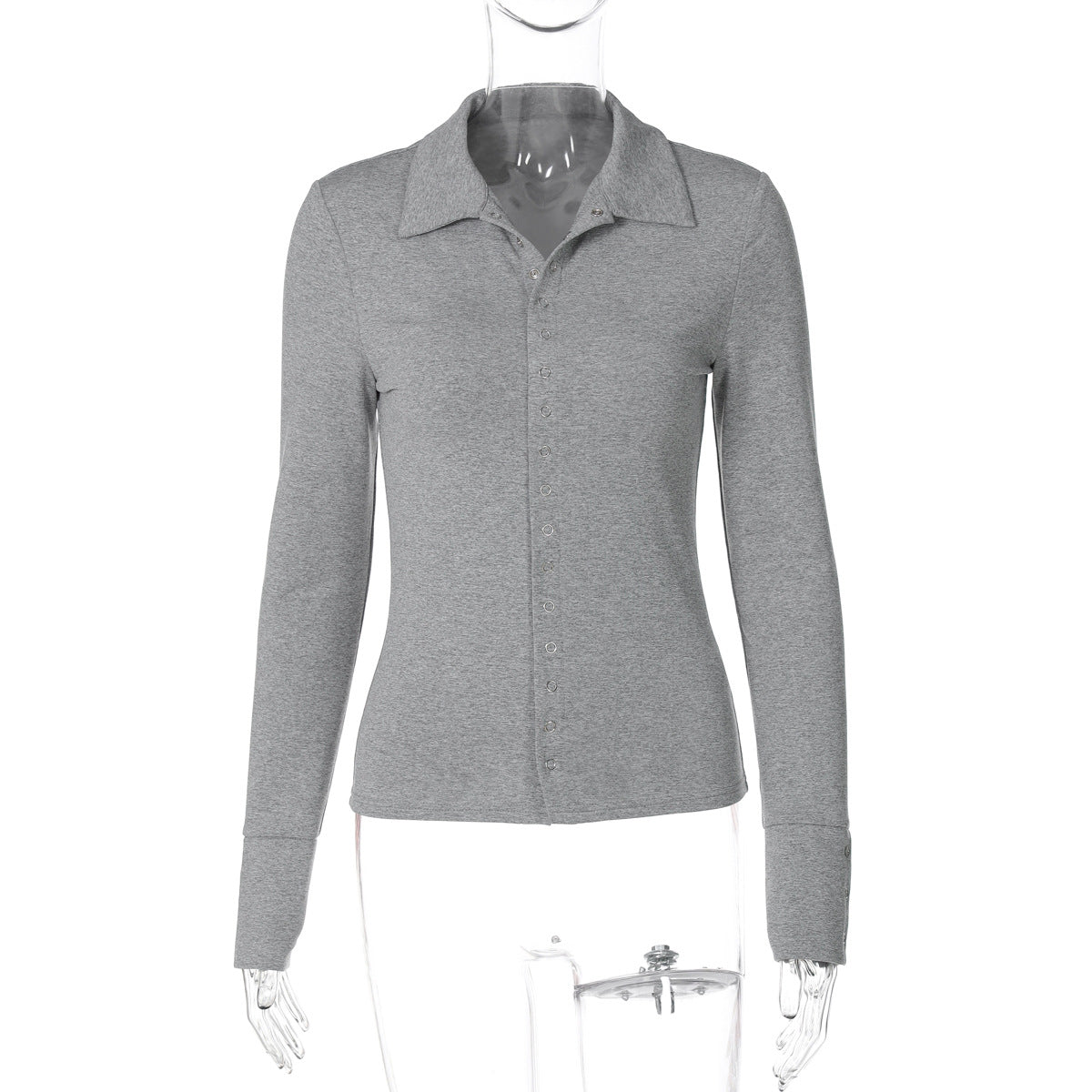 Cardigan Long Sleeve Button Top Slim Collared Knitted T shirt Gray