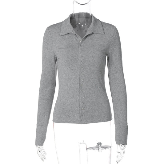 Cardigan Long Sleeve Button Top Slim Collared Knitted T shirt Gray