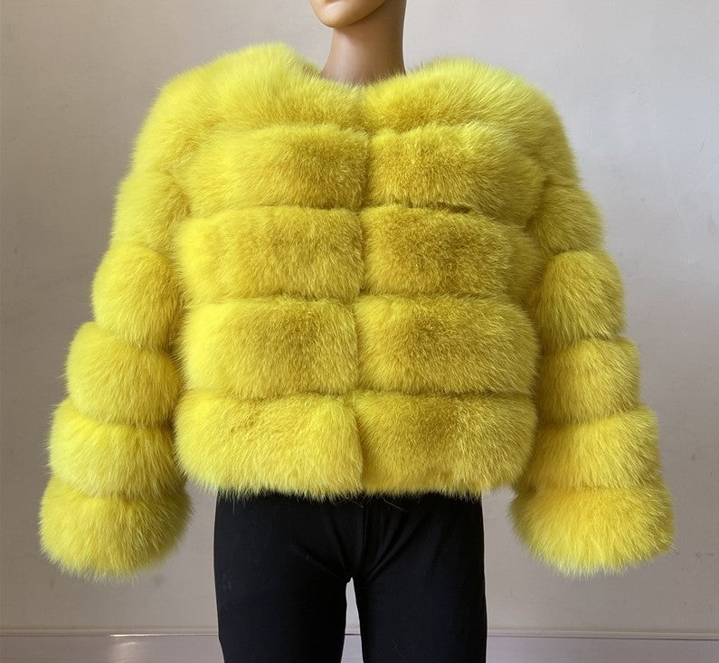 Fur in Faux Fur Coat Women Short Long Sleeve Fur Artificial Fur Coat Yellow