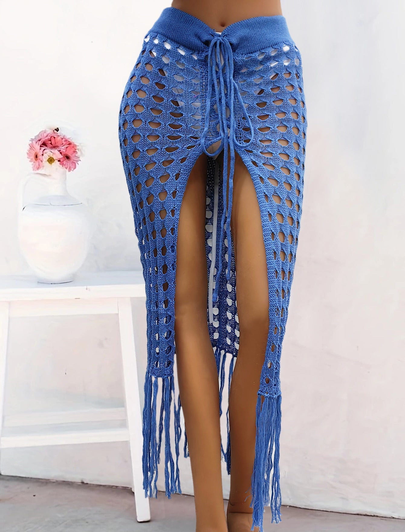 Crochet Sexy Cutout Woven Lace up Tassel Beach Skirt royal blue
