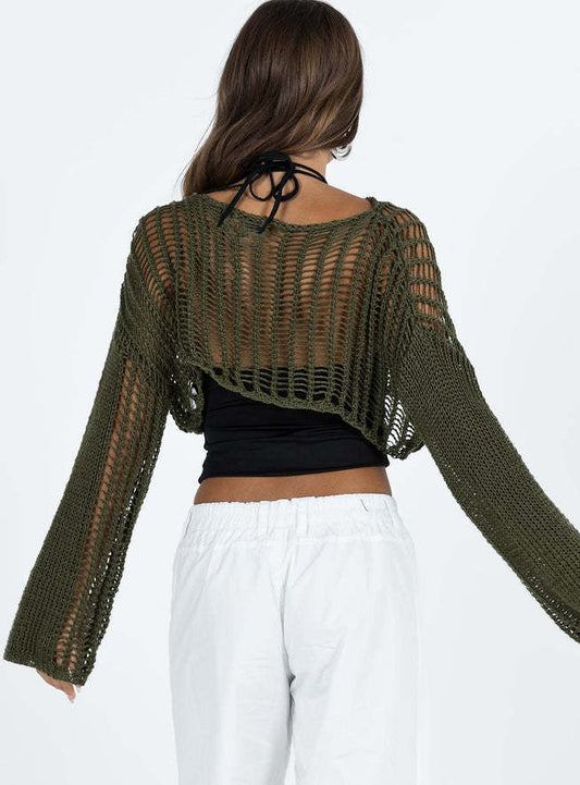 Crew Neck Long Sleeve Hollow Out Cutout out Cropped Knitted Black Sweater