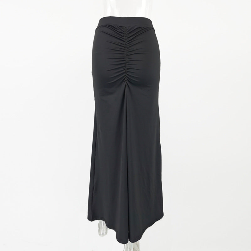 Sexy Knit Fishtail Midi Skirt with Shirring at Booty Black