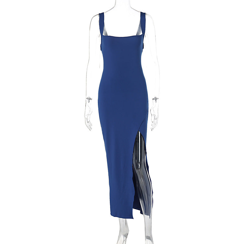 Ladies Sexy Sleeveless Split w/ Backless Detail Maxi Dress Navy Blue