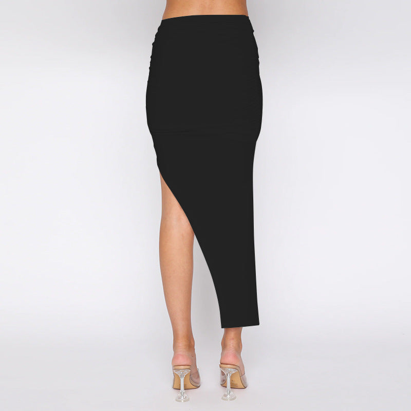Sexy Knit Asymmetric High Slit Skirt in Blk or White with Shirring on Side