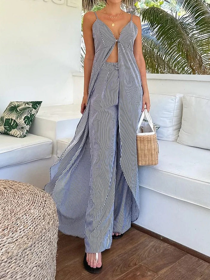 Classic Striped Top And Wide-Leg Pants Two-Piece Set Black