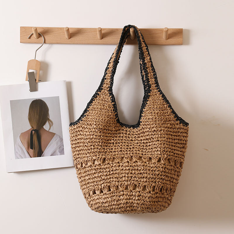 Large Shoulder Out Cutout Portable Straw Beach Bag Woven One Size Black Side Double Handle Coffee