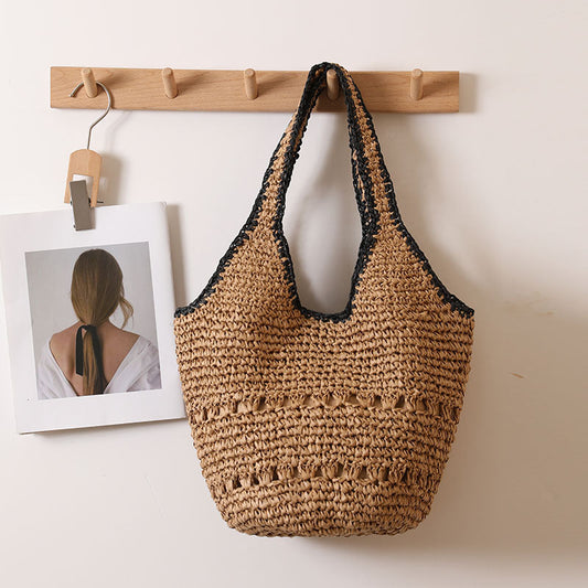 Large Shoulder Out Cutout Portable Straw Beach Bag Woven One Size Black Side Double Handle Coffee