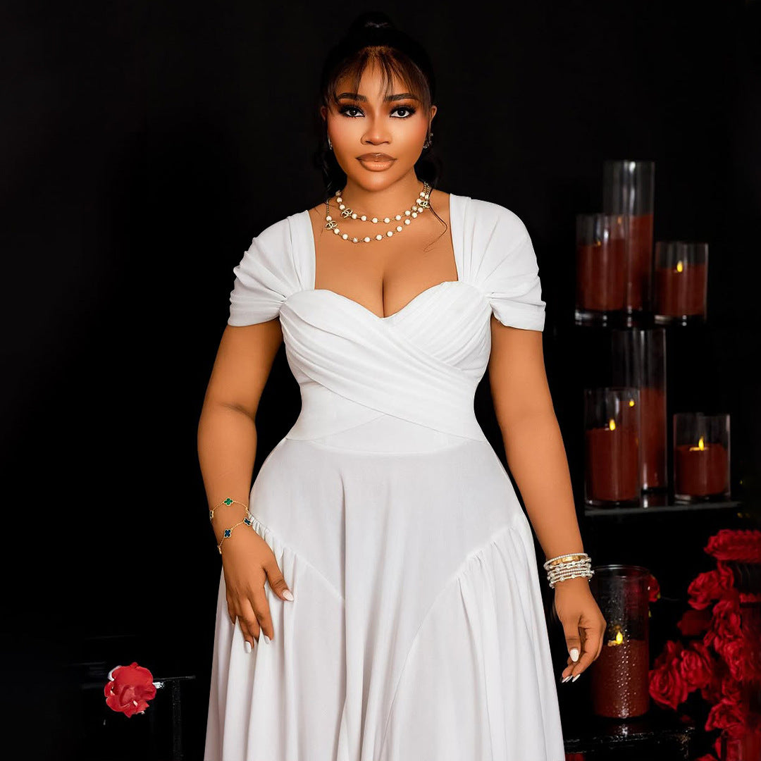 Plus Size Elegant Long Tube Top Collar Cinched Cap Sleeve Dress