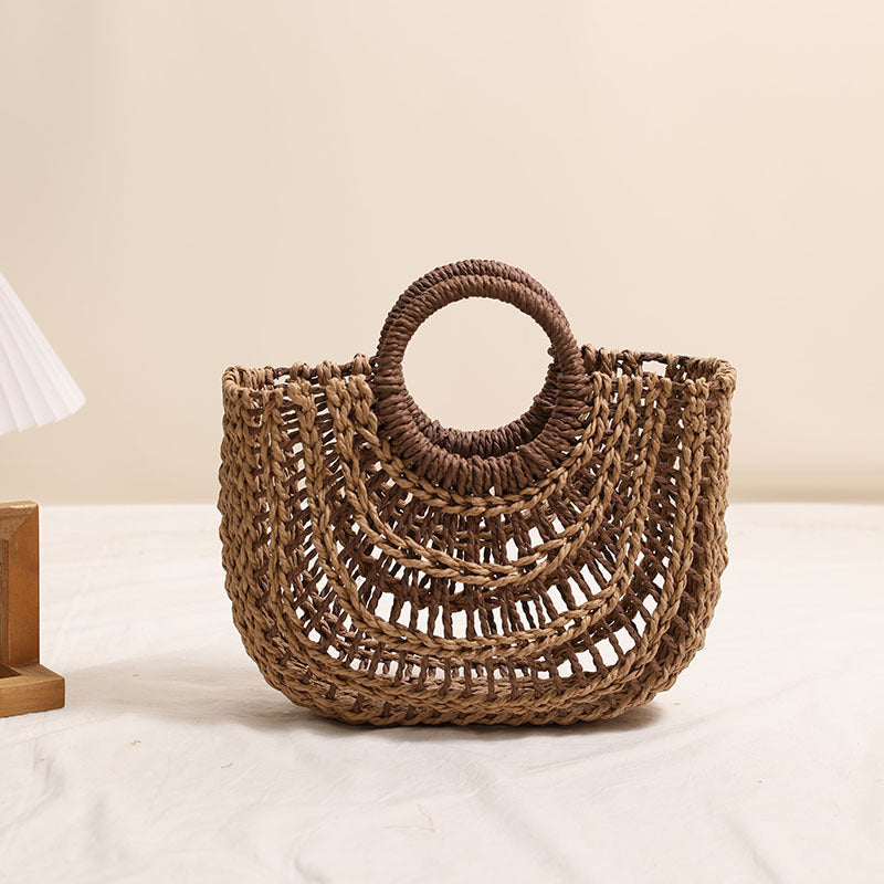 Straw Weaved Bag Round Handle Vacation Beach Bag One Size Color Matching Hollow out Yuan Bucket Coffee