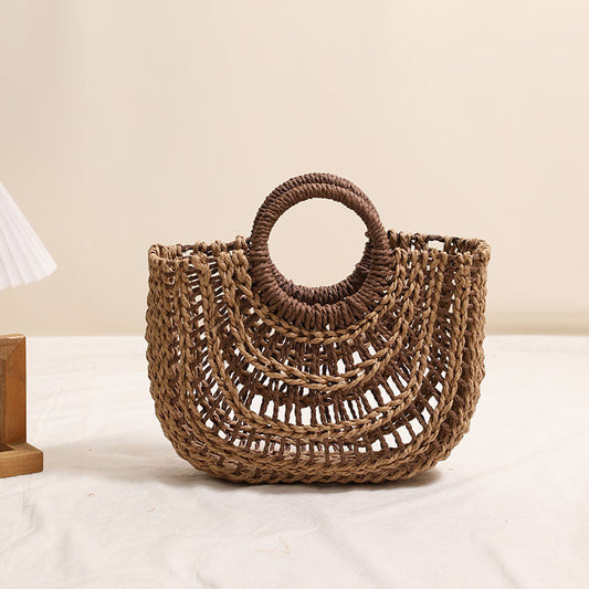 Straw Weaved Bag Round Handle Vacation Beach Bag One Size Color Matching Hollow out Yuan Bucket Coffee