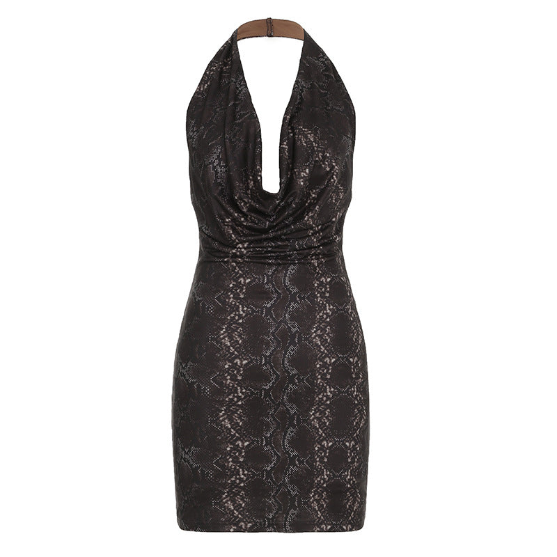 Gold Lame Halter Cowl Neck Mini Dress Swing Collar & More Prints Available Brown