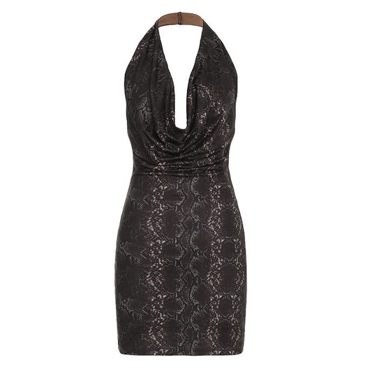 Gold Lame Halter Cowl Neck Mini Dress Swing Collar & More Prints Available Brown