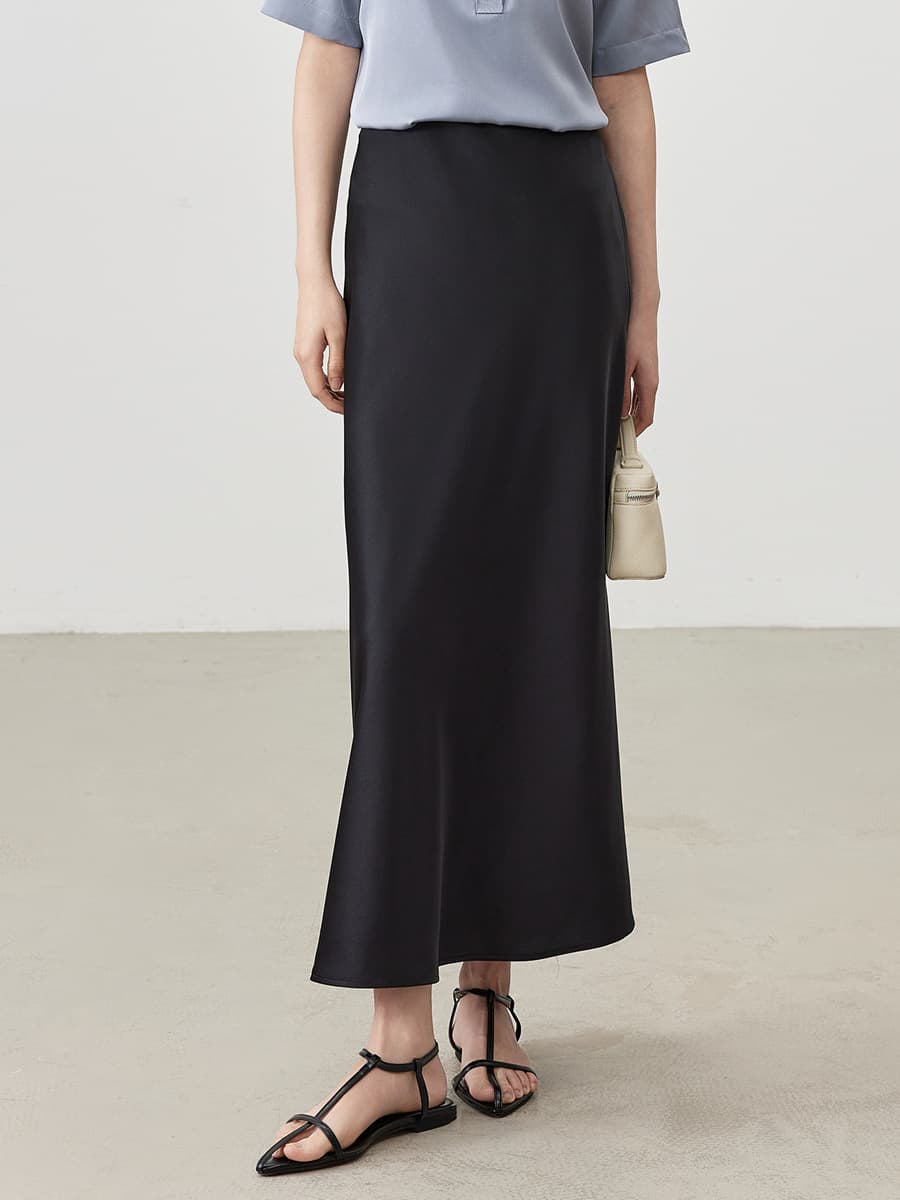 High-Waisted Satin Midi Skirt - Elegant & Versatile for Women