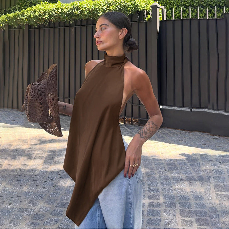 Satin Brown Open Back Halter Asymmetrical Top