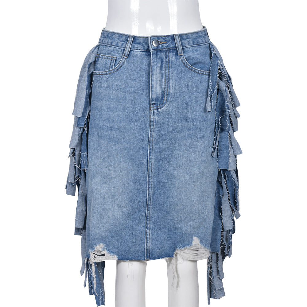 Ladies fringe Denim Washed Tassel Tatted Skirt light blue