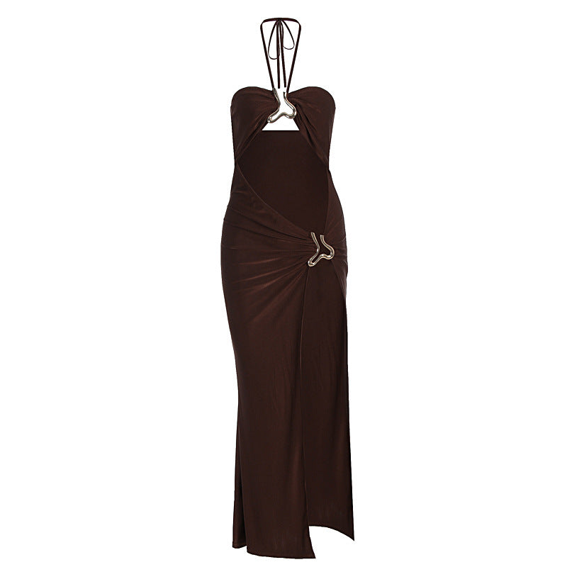 Sexy Brown Cutout Long Maxi Dress with Gold Hardwear High Open Slit Detail