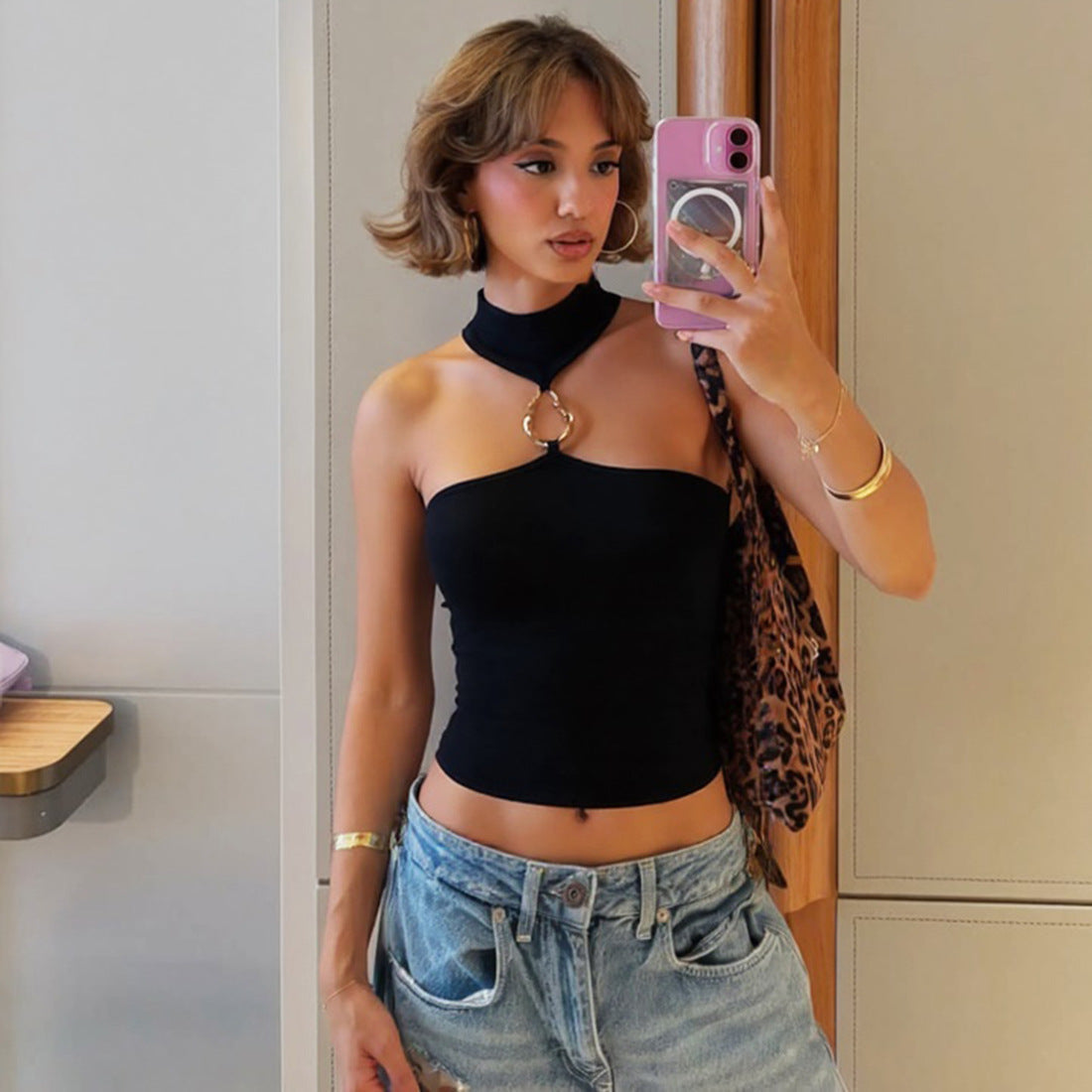 Sexy Sleeveless Slim Fit Cropped Halter with Handwear Y2K