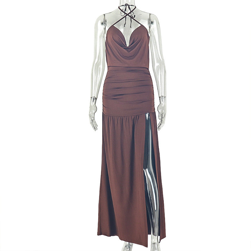 Sexy Halter Brown Cowl Neck with High Slit Maxi Dress Dark Brown