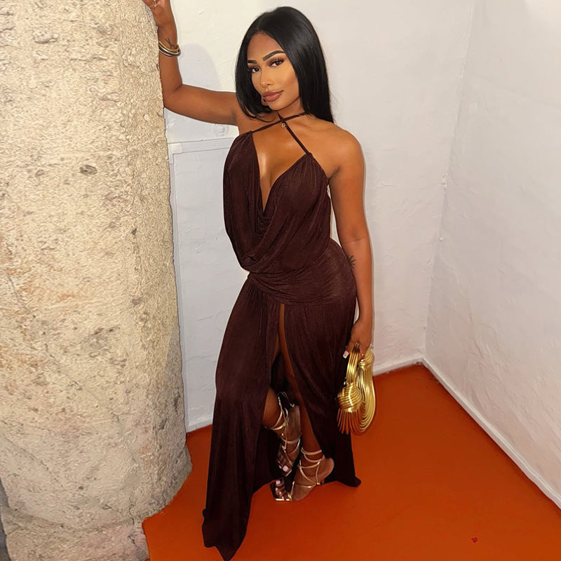 Sexy Halter Brown Cowl Neck with High Slit Maxi Dress