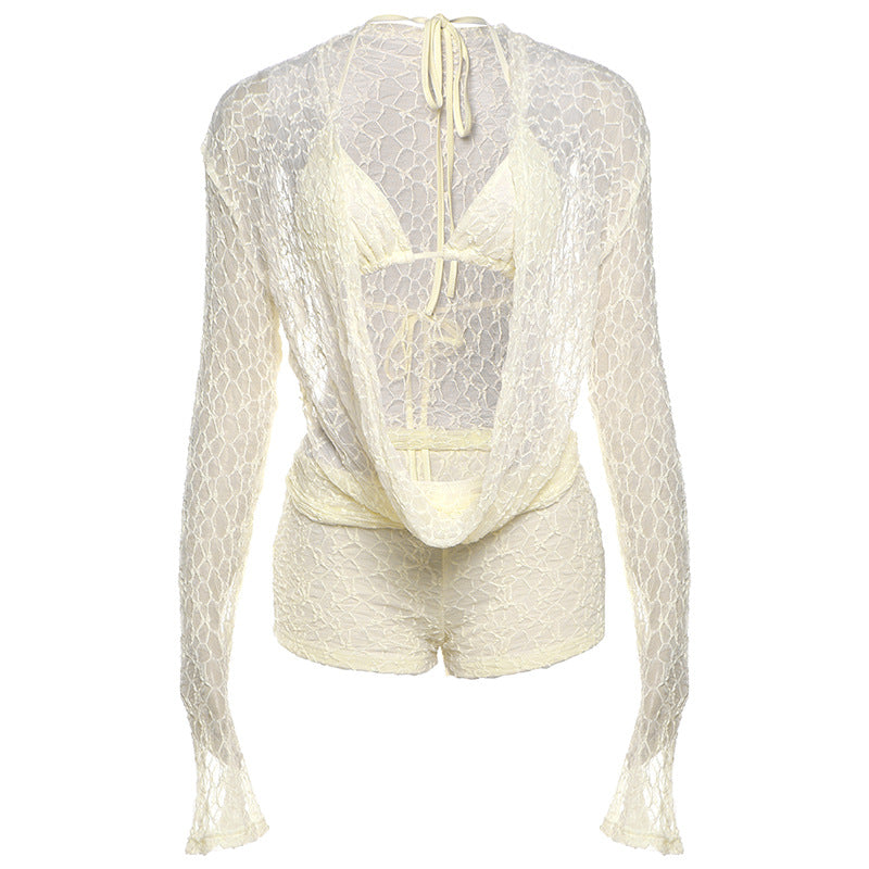 Sexy Lace Cowl Neck Romper in White Lace 3Piece Set Apricot