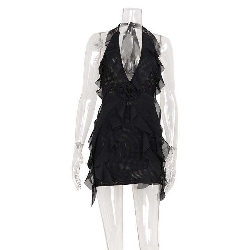 Sexy Halter LBD Deep Plunge with Ruffle Pea Mesh Black