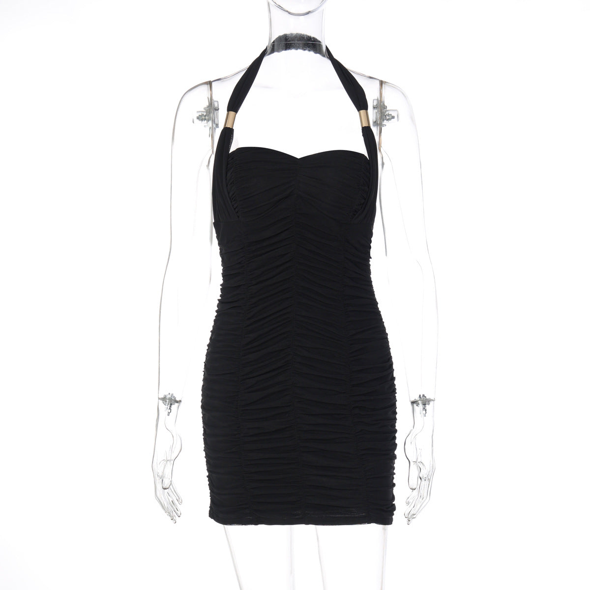 LBD Short Mini Shirred Fitted Black Cocktail Halter Dress Black