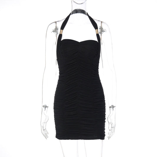 LBD Short Mini Shirred Fitted Black Cocktail Halter Dress Black