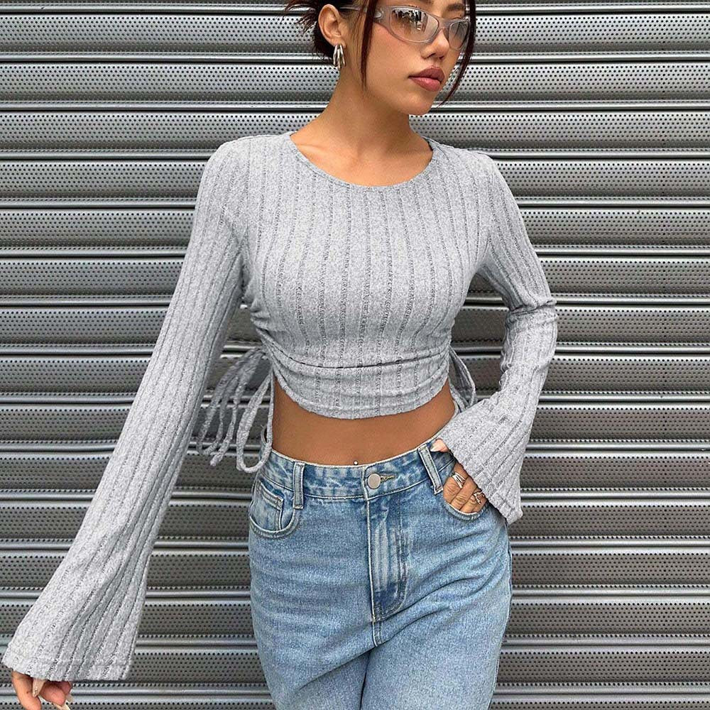 Cropped Ribbed Heather Grey Bell Long Sleeve Top w/ Shirring at Sides