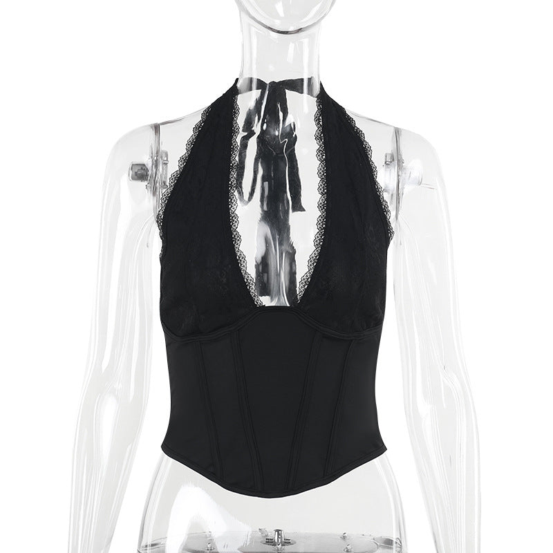 Sexy Deep V Neck Black Halter Top W/ Faux Like Boning Black