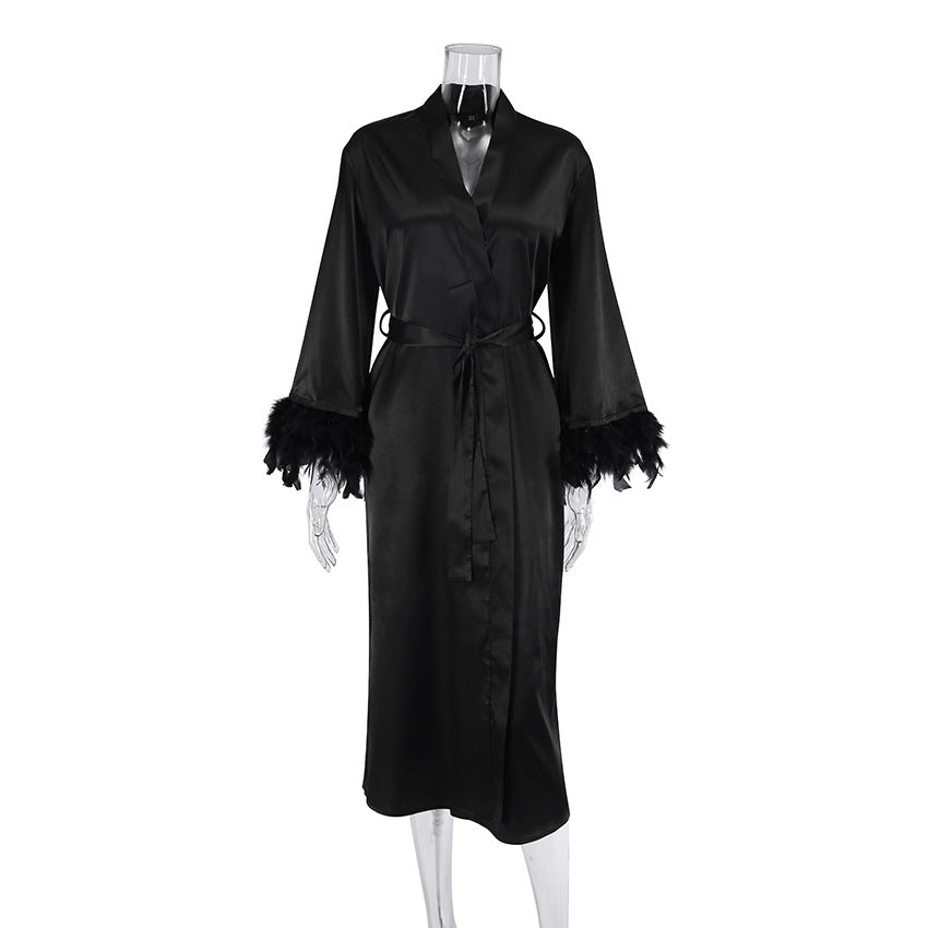 Sexy Satin Long Robe with Bell Boa Sleeve Trim In White or Black Black