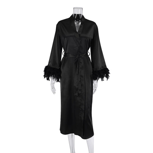 Sexy Satin Long Robe with Bell Boa Sleeve Trim In White or Black Black