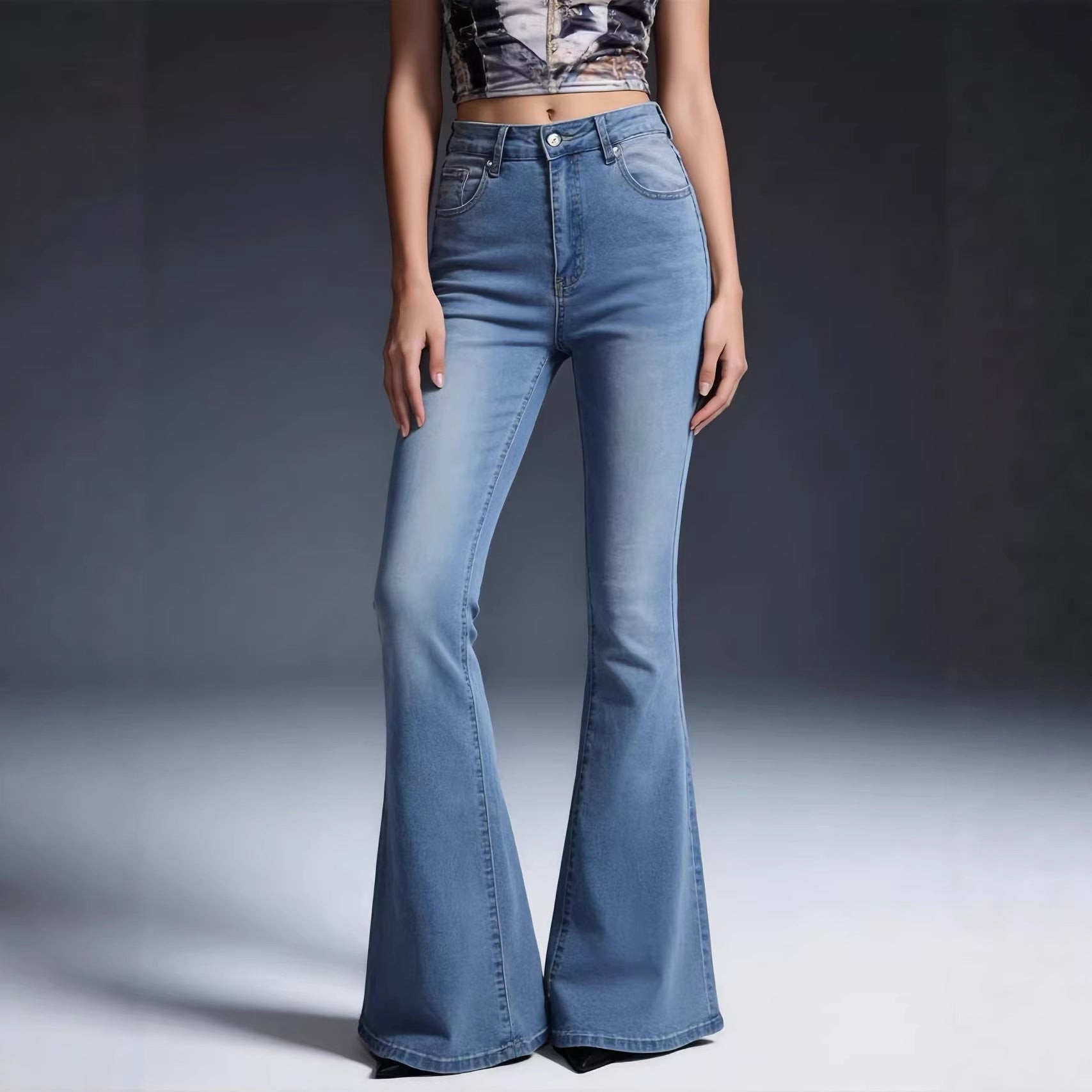 High Waisted Bell Bottom Denim Jeans Light Wash