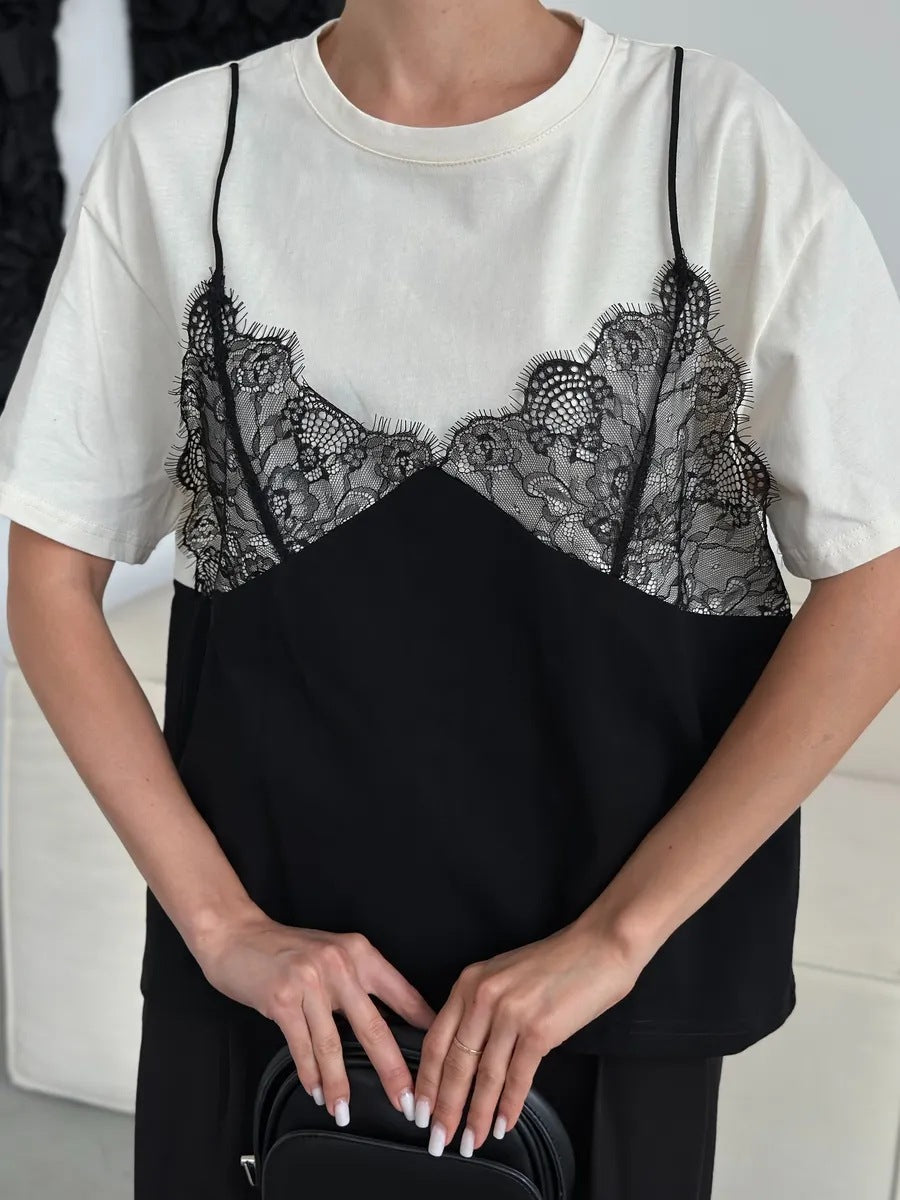 Sexy Women Lace Cami Over T -Shirt White