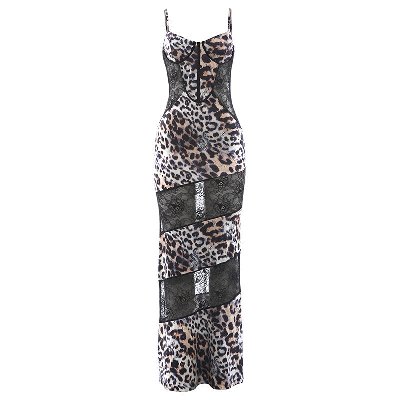 Leopard Print Long Maxi Dress with Lace Insert Panels Y2K Leopard Print