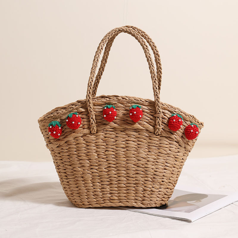 Cute Strawberry Bag Hand Carrying Large Straw Beach Bag One Size Strawberry Shell Coffee
