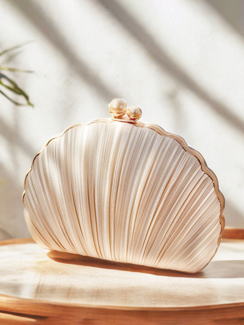 Shell Evening Bag Pleated Clutch Champagne