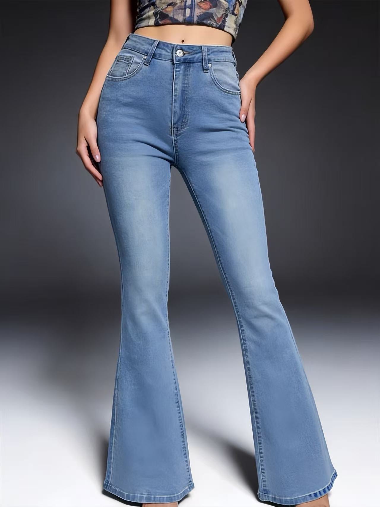 High Waisted Bell Bottom Denim Jeans Light Wash Blue