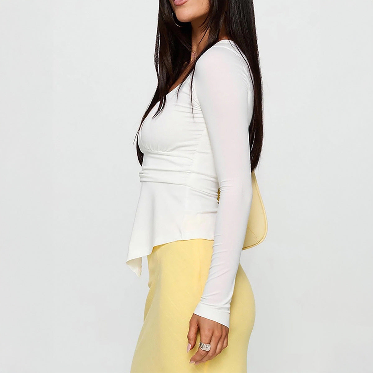 White Deep V Plunge Long Sleeve Sexy Top with Shirring under bust