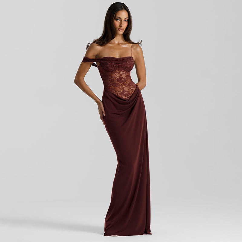 Ladies Sexy Long Lace Insert Strap Lace Maxi Dress Off Shoulder Detail Burgundy