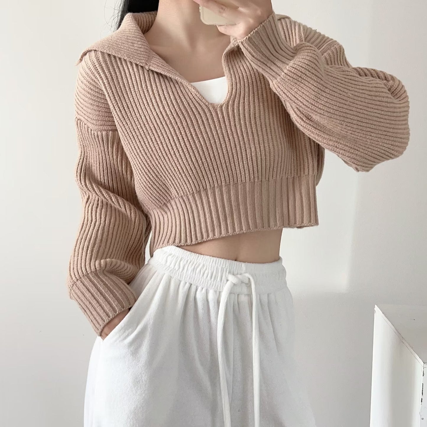 Cozy Cable Collar Cropped Sweater Top