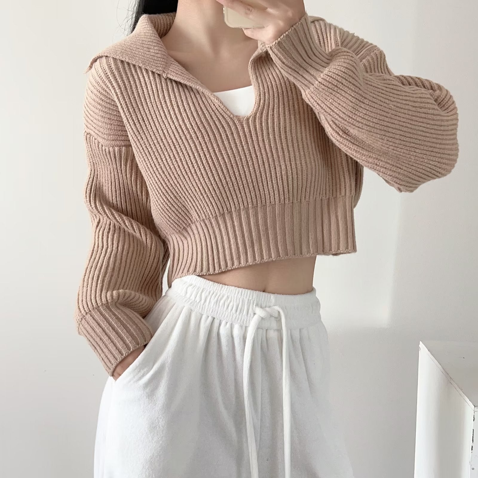 Cozy Cable Collar Cropped Sweater Top