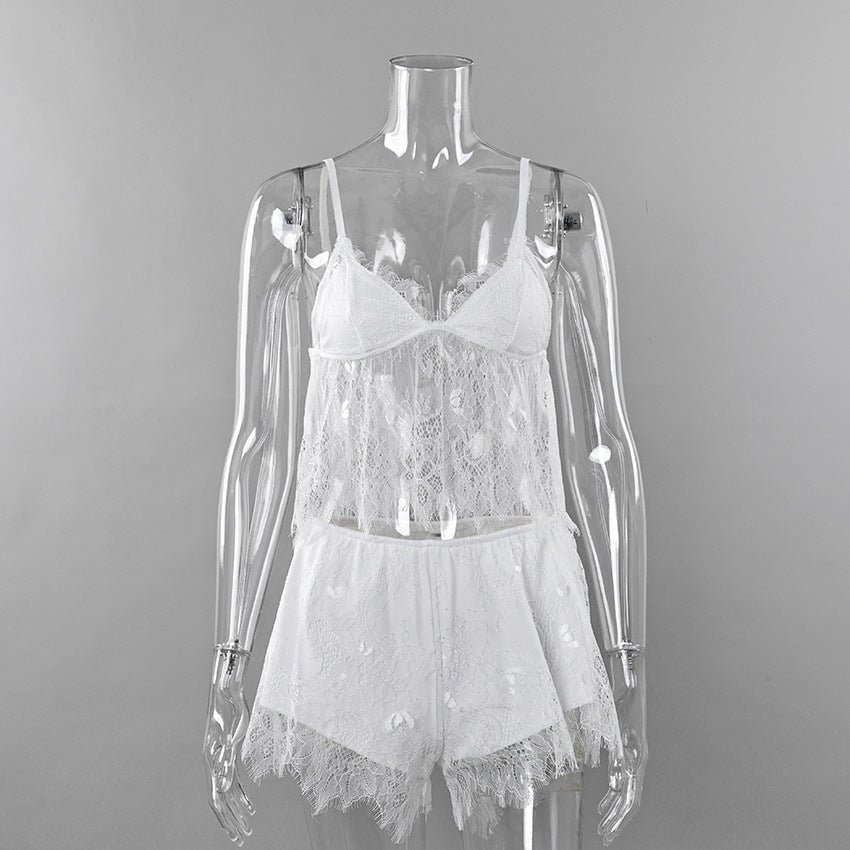 Sexy Ladies Satin /Eye Lash Combo Cami and Short Set White