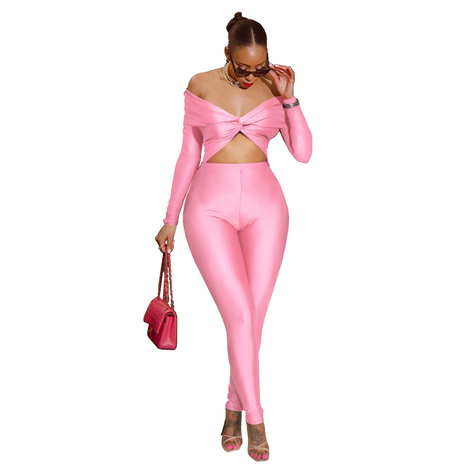 Ladies Sexy Twist Hollow Out Cutout Cropped High Waist Long Sleeve Jumpsuit Pink