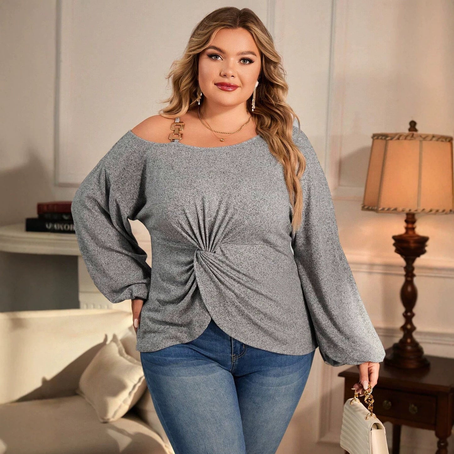 Plus Size Women Clothes off Shoulder Twisted Long Sleeved T shirt Metal Buckle Shoulder Strap Loose Slimming Top