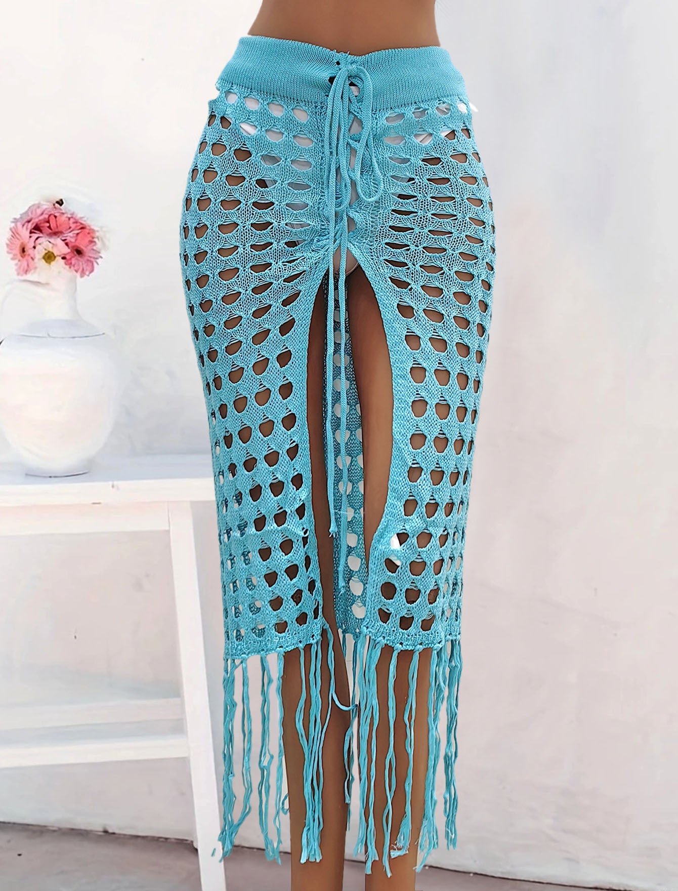Crochet Sexy Cutout Woven Lace up Tassel Beach Skirt skyblue