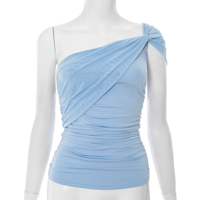 One Shoulder Twisted Mesh Stitching Tube Top Blue